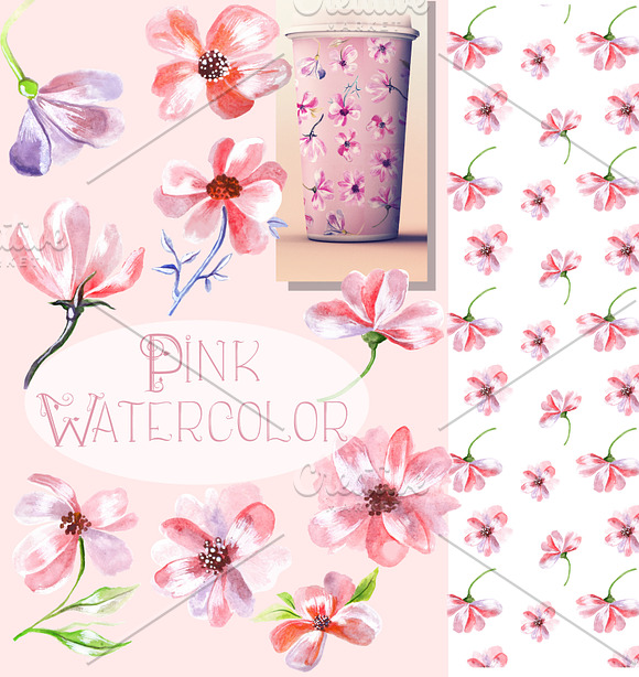 Watercolor Pink Spring Flowers in Objects - product preview 3