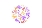 Vector doodle theatre elements in circle illustration