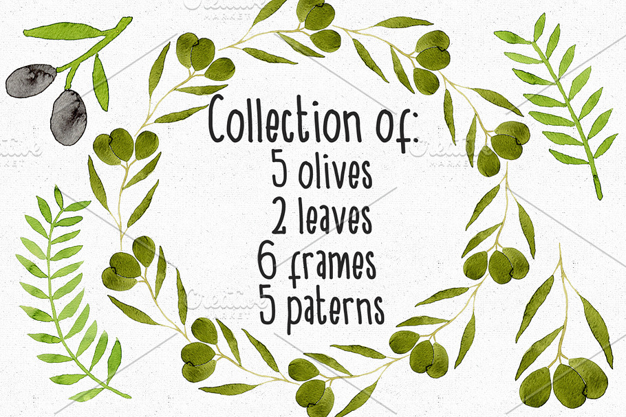 Collection of watercolor olives