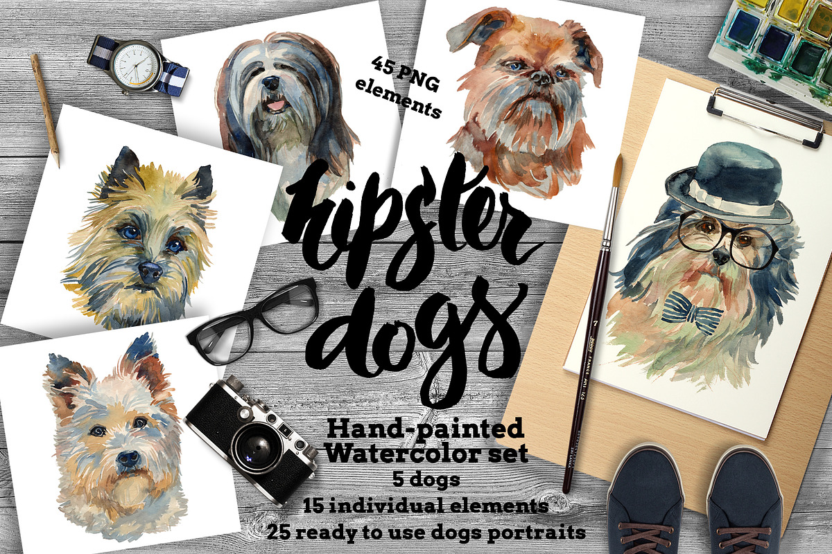 Hipster dogs watercolor set in Illustrations - product preview 8