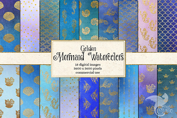 Golden Mermaid Watercolors in Textures - product preview 2