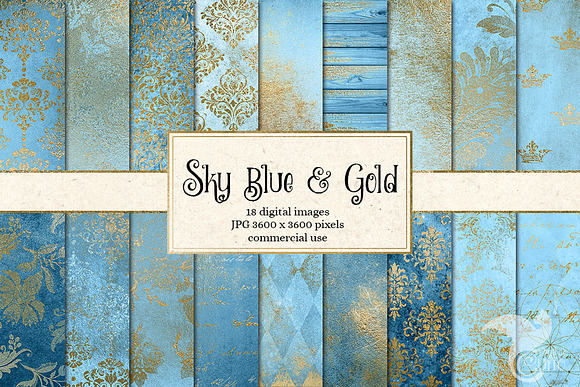 Sky Blue and Gold Digital Paper in Textures - product preview 3