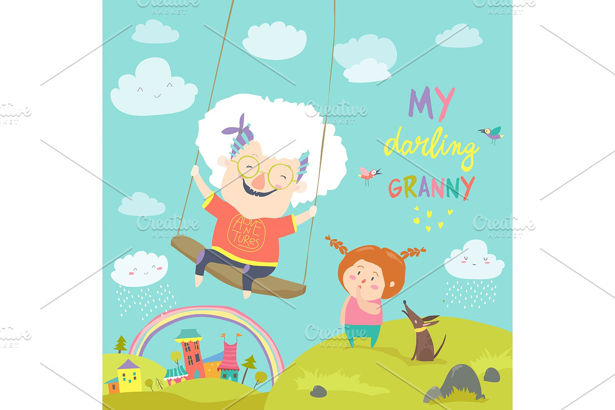 Old woman swinging on a baby swing in Illustrations - product preview 8