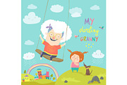 Old woman swinging on a baby swing