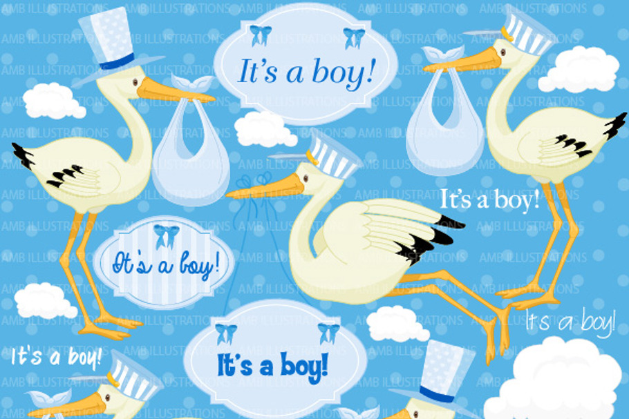 Stork Baby Boy Clipart AMB-833 in Illustrations - product preview 8