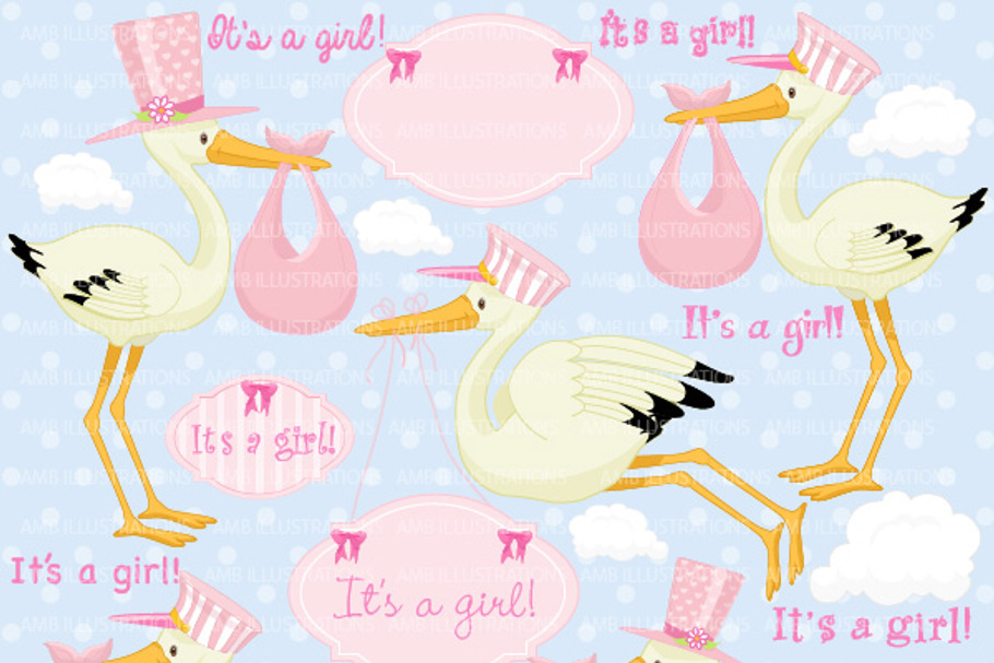 Stork Girl Baby Clipart AMB-832 in Illustrations - product preview 8
