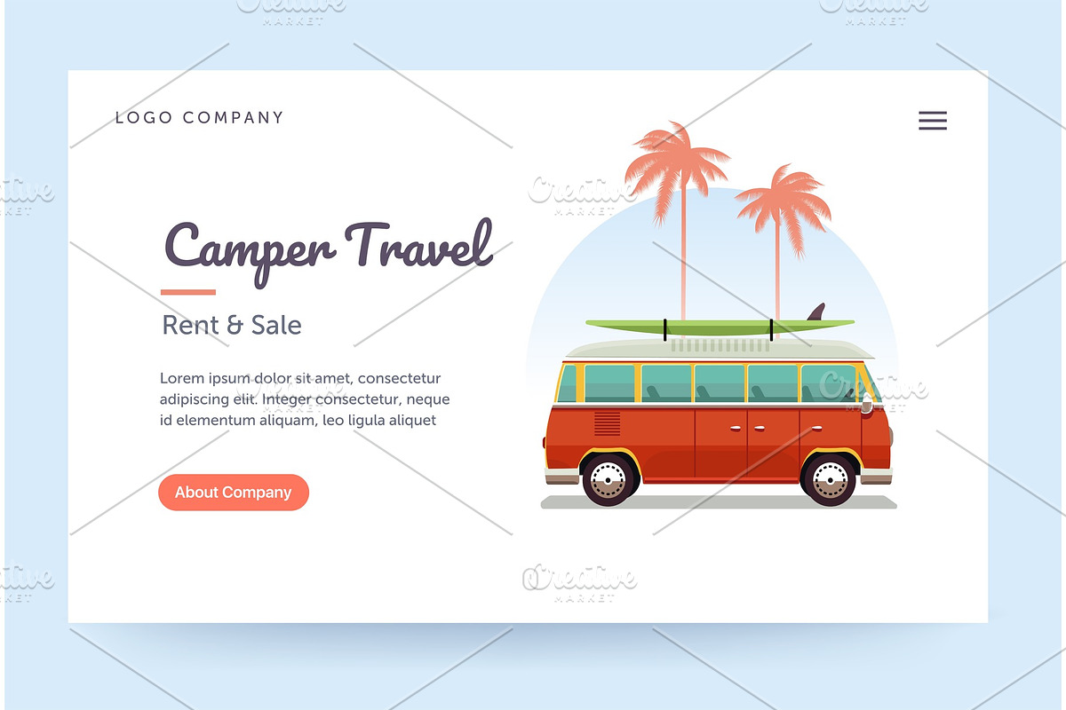 Camper travel website template. Surfing retro van illustration. Home page concept. UI design mockup. in Illustrations - product preview 8