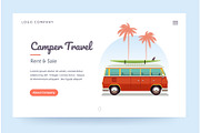 Camper travel website template. Surfing retro van illustration. Home page concept. UI design mockup.