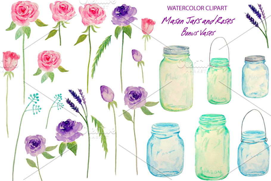 Watercolor Wedding Mason Jars Roses