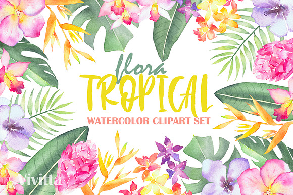 Tropical Flora, watercolor clipart in Illustrations - product preview 3