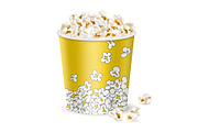Big yellow bucket with popcorn.