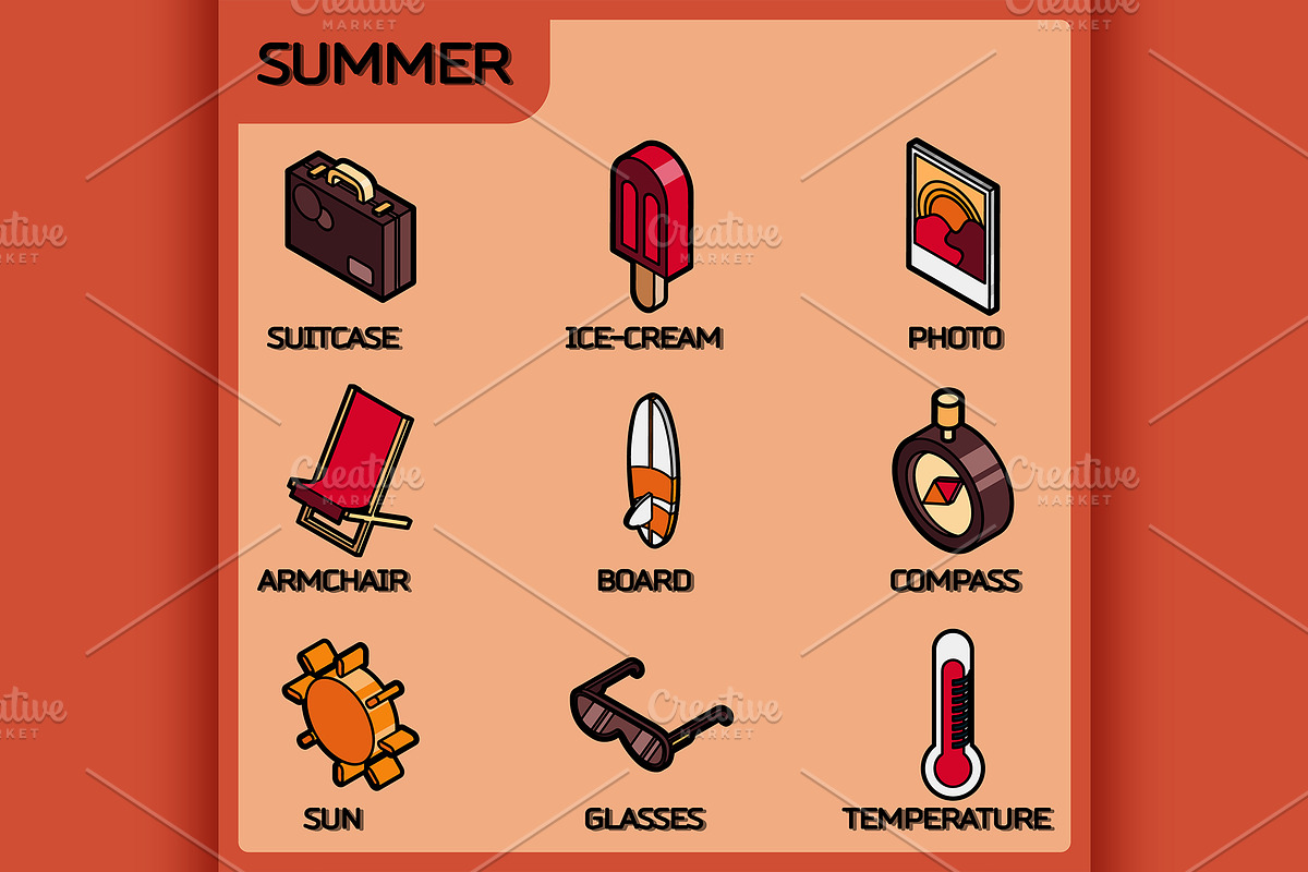 Summer color outline isometric icons in Illustrations - product preview 8