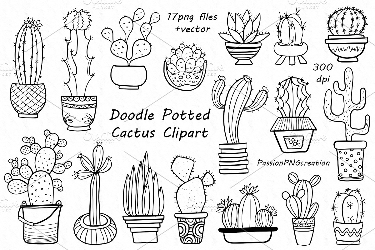 Doodle Potted Cactus Clipart in Illustrations - product preview 8