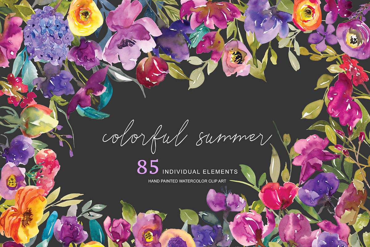 Watercolor Colorful Floral Clipart in Illustrations - product preview 8