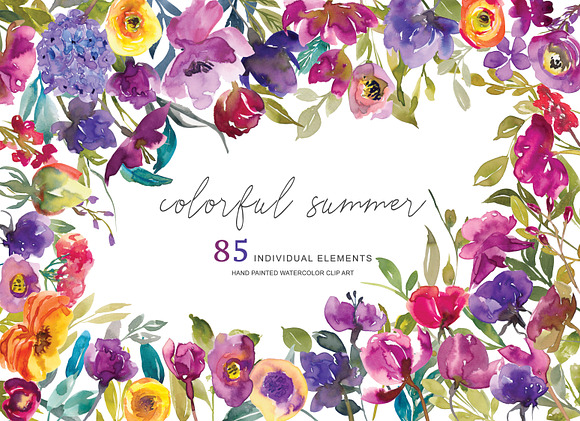 Watercolor Colorful Floral Clipart in Illustrations - product preview 1