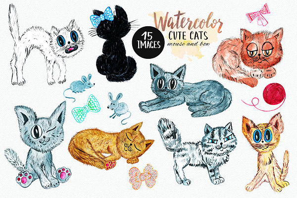 Watercolor Cute Cats Clipart