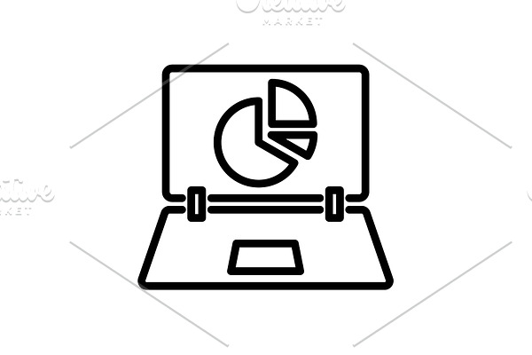 Web line icon. Laptop and pie-chart 