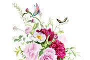 Watercolor flowers with butterflies