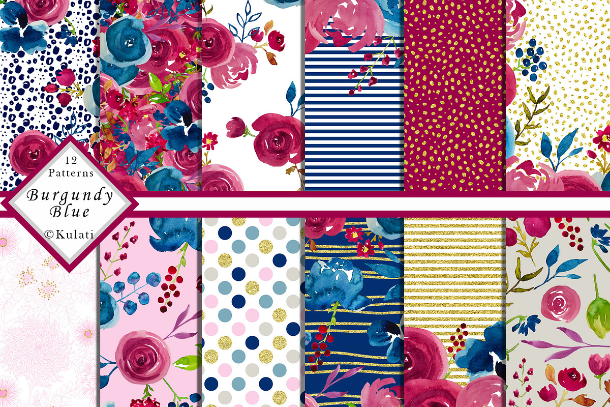 Burgundy Mauve Blue Floral Patterns in Patterns - product preview 8