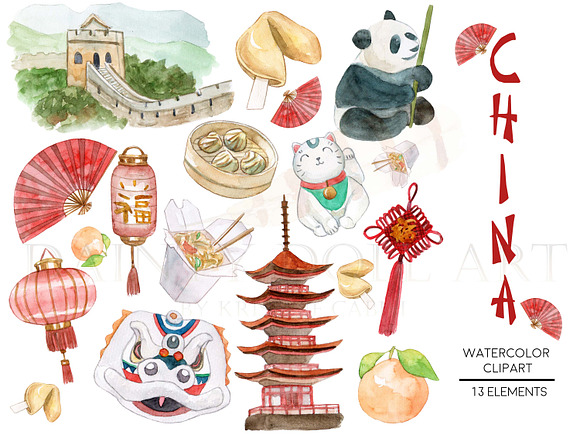 China Clipart Watercolor in Illustrations - product preview 1