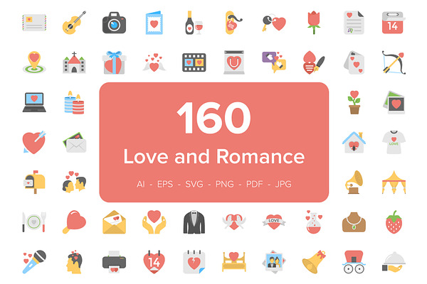 160 Love and Romance Flat Icons