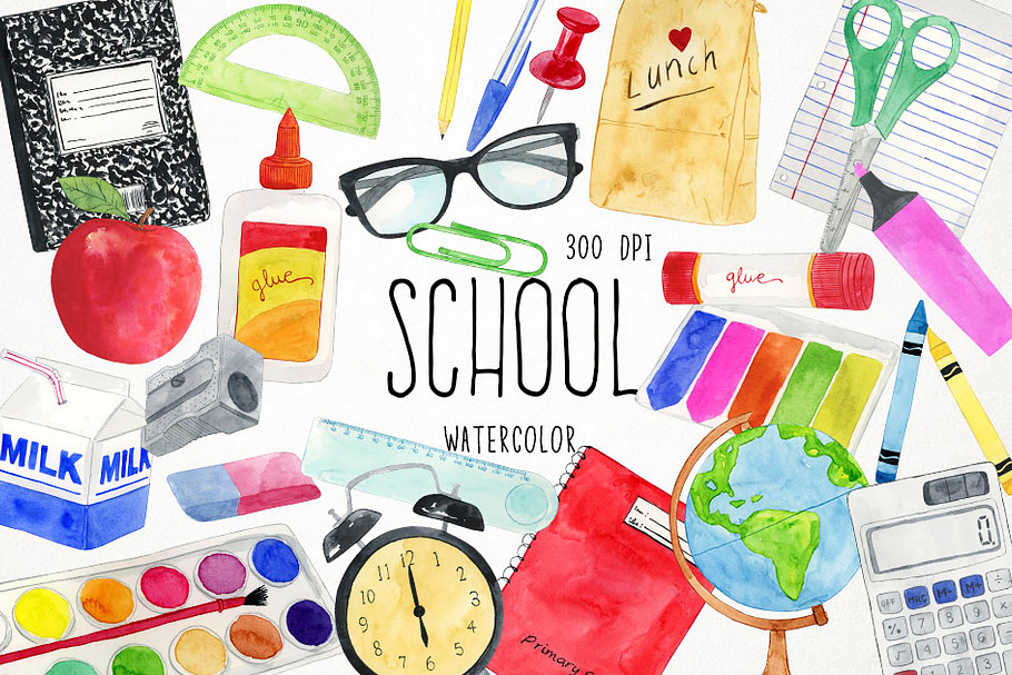 Watercolor School Clipart in Illustrations - product preview 8