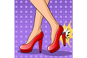 Woman broke heel on her red shoes pop art vector