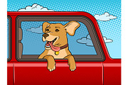 Dog in car window pop art vector illustration
