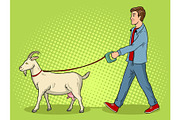 Man and goat as pet pop art vector illustration