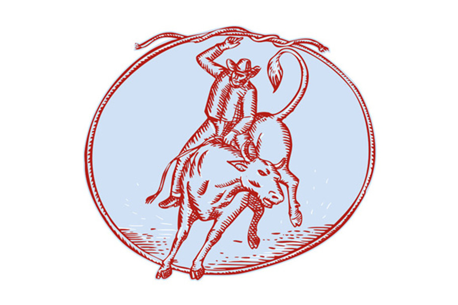 Rodeo Cowboy Bull Riding Circle Etch in Illustrations - product preview 8