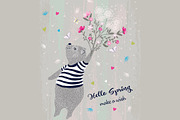 Cute bear vector-Hello spring slogan