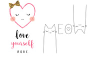 Cute cat meow slogan.Heart Face.