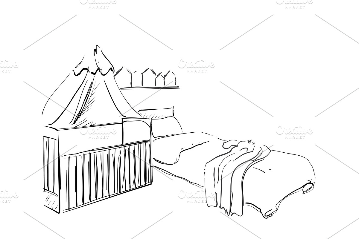 Children room. Furniture sketch. Baby bed in Illustrations - product preview 8