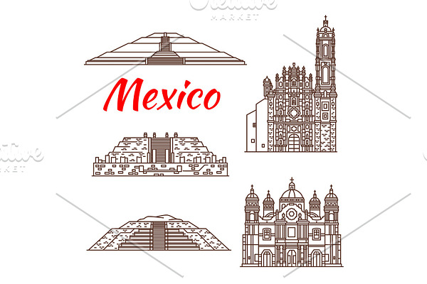 Mexican travel landmark icon of pyramid and church