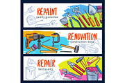 Repair work banner with construction tool sketch