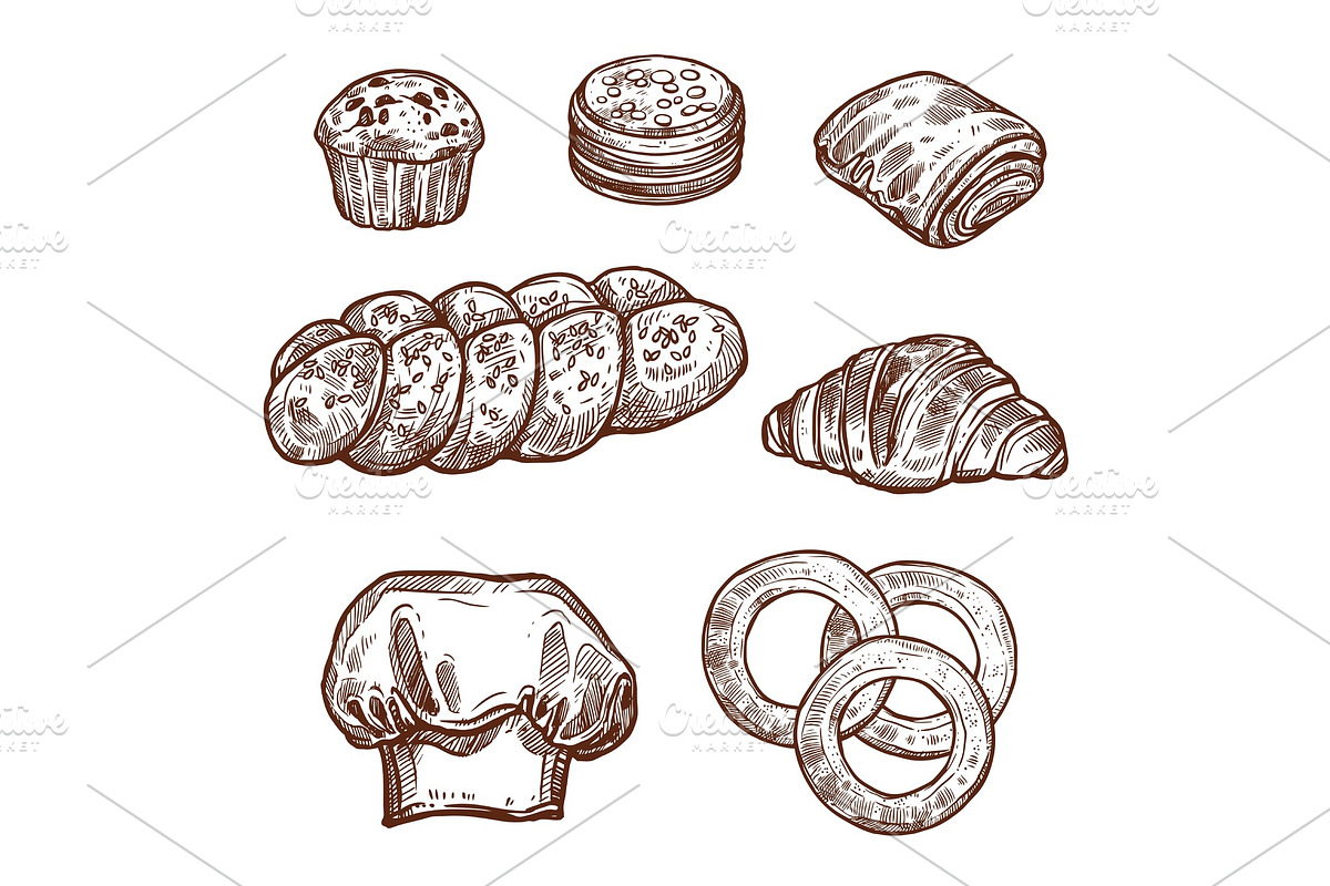 Sweet bread bun sketch of bakery, pastry product in Illustrations - product preview 8