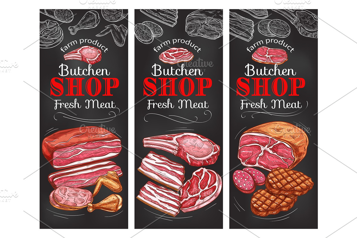Meat and sausage chalkboard banner of buncher shop in Illustrations - product preview 8