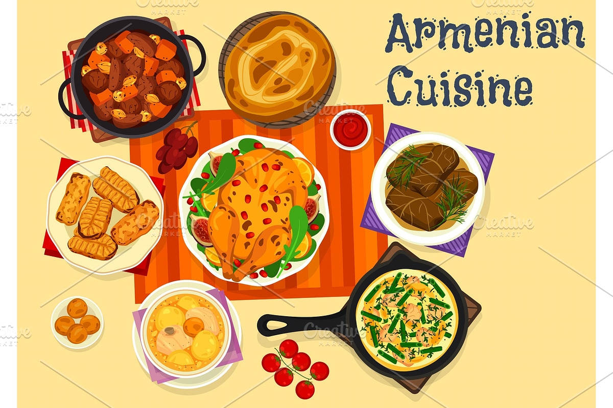 Armenian cuisine icon of meat dinner with dessert in Illustrations - product preview 8