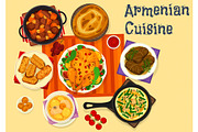 Armenian cuisine icon of meat dinner with dessert