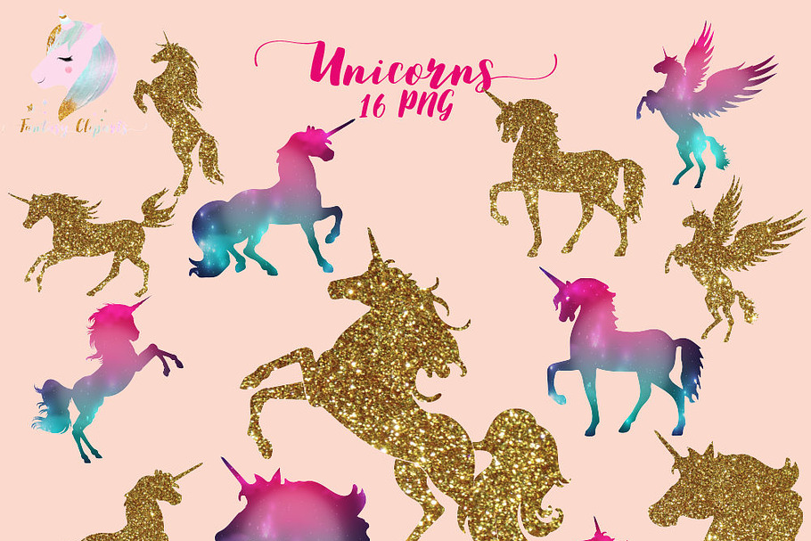 Gold Glitter and Galaxy Unicorns in Illustrations - product preview 8