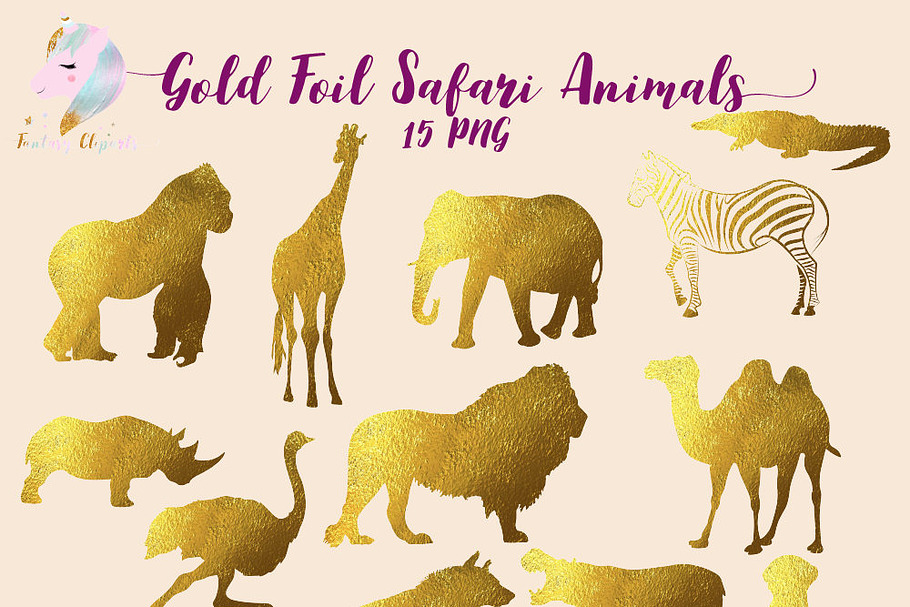 Gold Foil Safari Animals Clipart