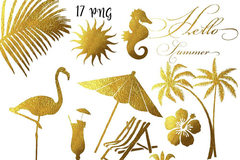 Gold Foil Summer Clipart in Illustrations - product preview 8