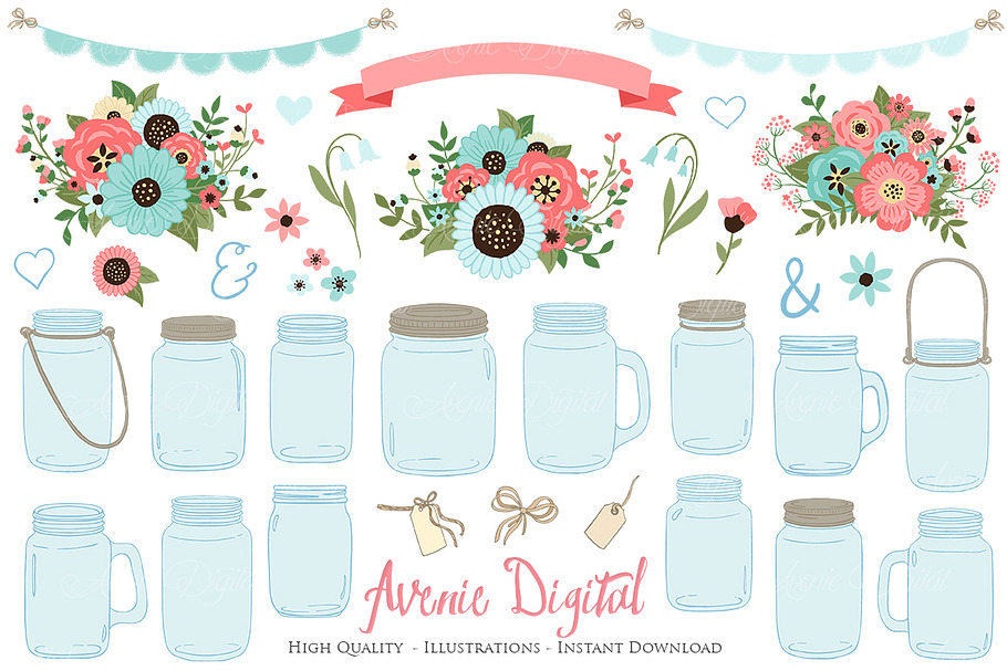 Coral and Turquoise Mason Jar in Illustrations - product preview 8