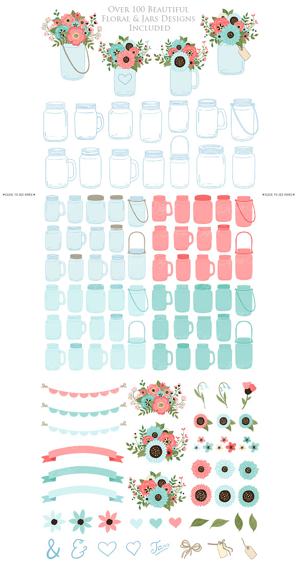 Coral and Turquoise Mason Jar in Illustrations - product preview 1