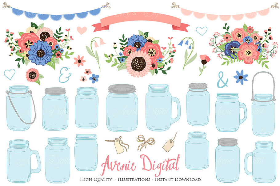 Coral and Navy Wedding Mason Jar in Illustrations - product preview 8