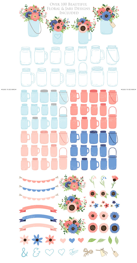Coral and Navy Wedding Mason Jar in Illustrations - product preview 1