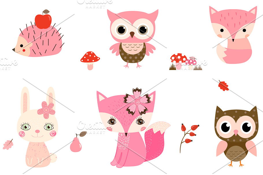 Cute Pink Woodland Animals Clipart