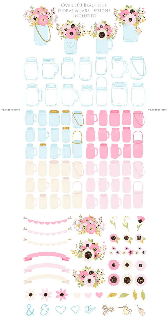 Pink and Gold Wedding Mason Jar in Illustrations - product preview 1