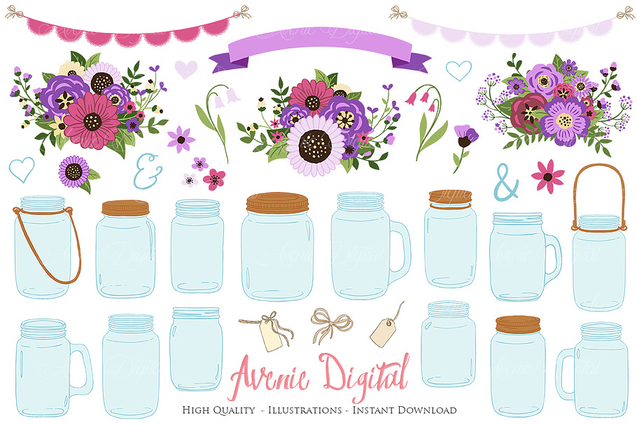 Purple Wedding Mason Jar Cliparts in Illustrations - product preview 8