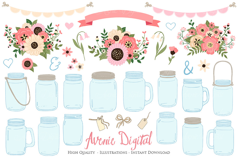 Soft Pink Wedding Mason Jar Cliparts